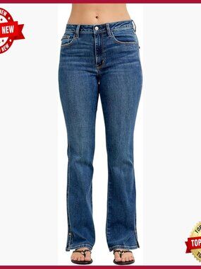 Mid Rise Bootcut Jeans with Side Slit and Phone Pocket, 32" Inseam